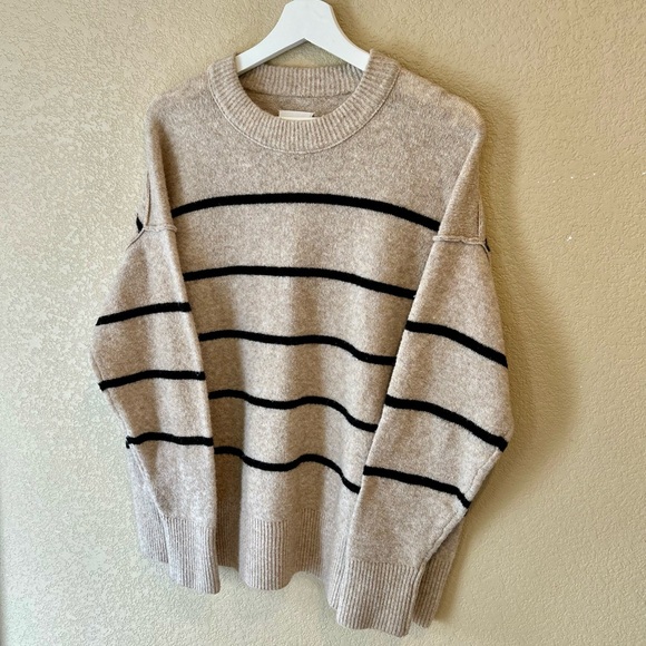 Aerie Striped Crewneck Sweater - Neutral Oatmeal with Black Stripes Oversized L - Picture 3 of 7
